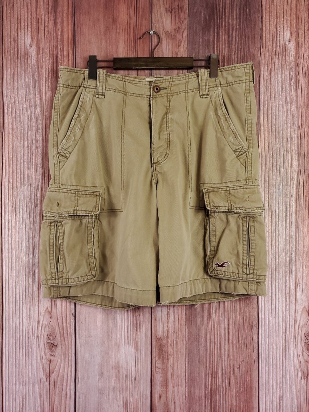 Hollister Mens Cargo Shorts Size 36 Tan Khaki Heavyweight Distressed Button Fly